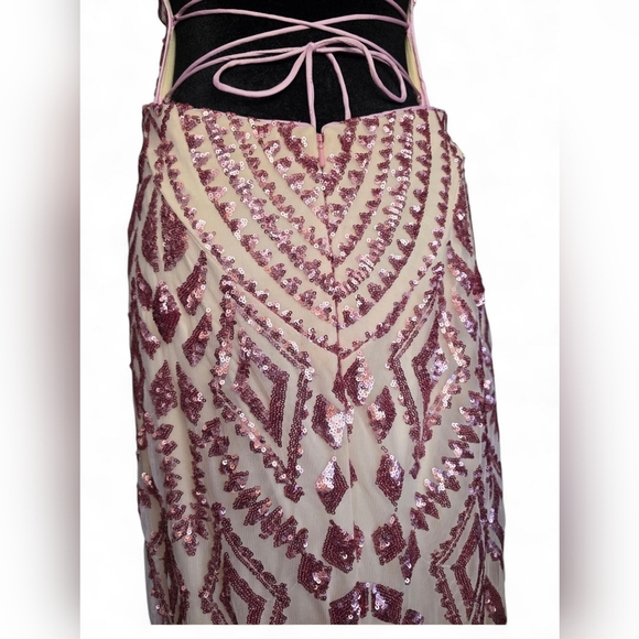 Allie Blu Pink/Cream Sequin Halter Backless Lace-up  Bodycon Formal Prom Dress - Picture 7 of 13